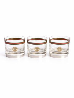 Gucci Cocktail Glasses with Silver Base GG Logo Webbing 3pc Set Barware Vintage